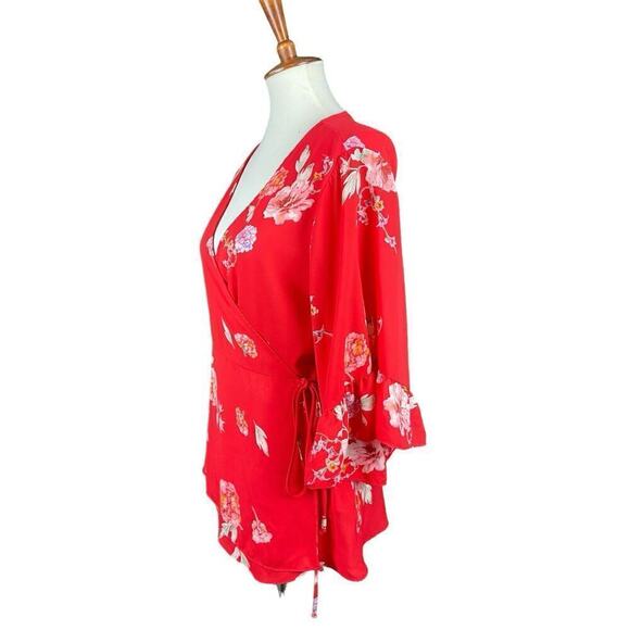 Pleione Coral Pink Wrap Blouse Floral Print Women Medium Ruffle Sleeve Flowy - Picture 11 of 13